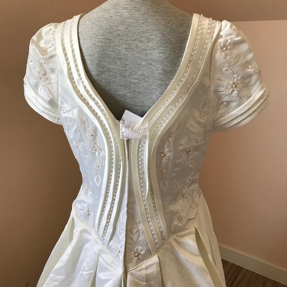 Bridal Originals Embroidered Satin Short Sleeve Wedding Gown with Train - Picture 9 of 14